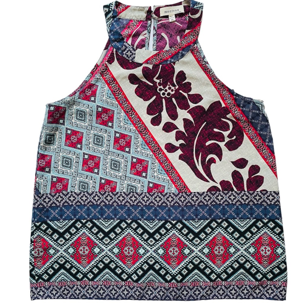 MONTEAU Womens Medium Tank Top Blouse Sleeveless Red Green Blue Floral Slim
